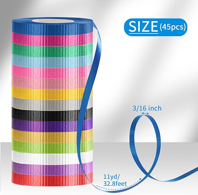 45 Roll 15 Colors Curling Ribbons for Crafts Bows Present Wrapping Florist Wedding Party Festival Art Craft Decor, Separate Rolls, 11 Yards Per Roll, 3/16 Inch Wide 3/16" - Set2