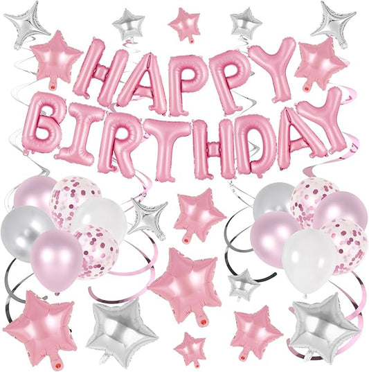 55 Pcs Happy Birthday Balloons Letters Banner with 35 Pcs Star Foil Balloon, 20 Pcs Latex Balloons, 6 Hanging Swirls for Women Men Boys Girls Birthday Party Decorations Set ﻿ (Pink)