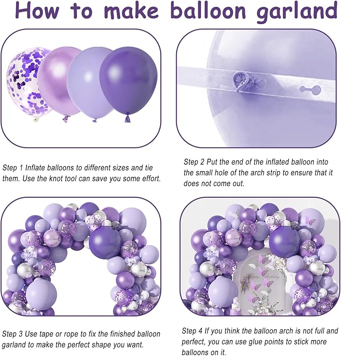 Amandir 144Pcs Purple Balloons Garland Arch Kit for Butterfly Baby Shower Decorations for Girl, 12Pcs Butterfly Stickers Lavender Purple Confetti Metallic Balloon for Birthday Wedding Party Decoration