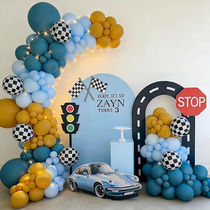 Race Car Balloon Garland Arch Kit 155Pcs Dusty Blue Yellow Latex Balloon Checkered Foil Balloons for Racing Car Truck Theme Two Fast 2nd Birthday Party Decorations