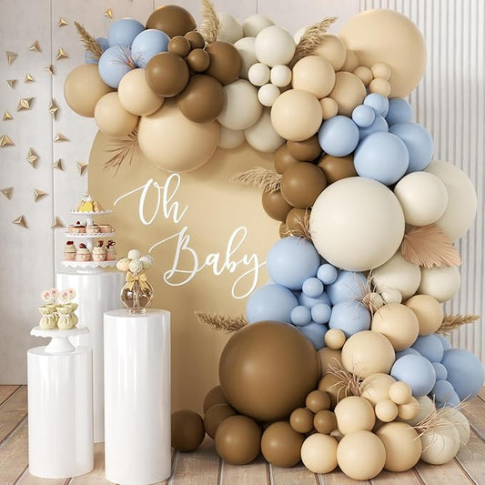 MEBAY Dusty Blue Brown White Balloon Arch Kit, 166Pcs Boho Dark Brown Pastel Blue Sand White and Nude Balloons Garland for Baby Shower Gender Reveal Birthday Party Decoration