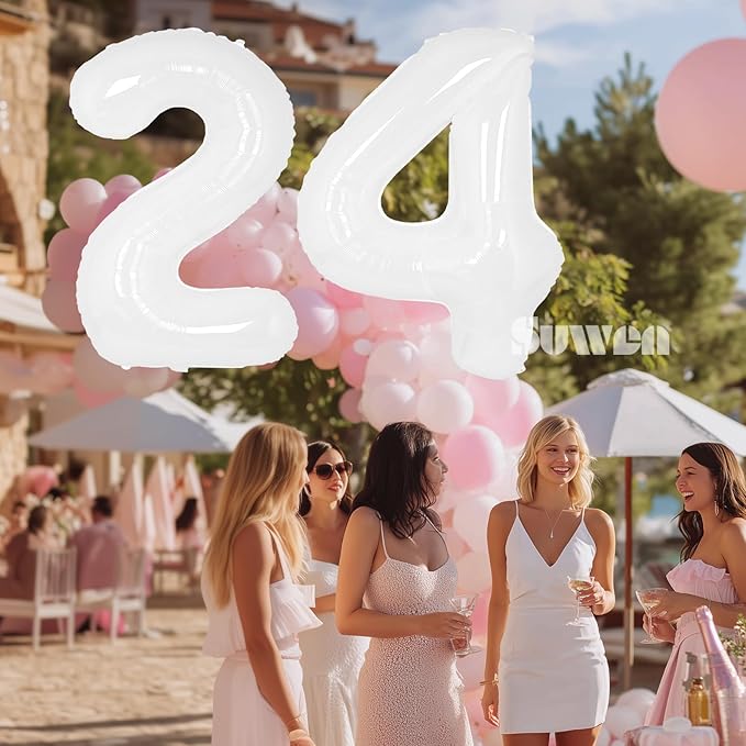 SUWEN 40 Inch White Large 24 Number Balloons Big Foil Helium Number Balloons 0-9 Giant Jumbo Happy 24th Birthday Party Decorations for Men or Women Huge Mylar 42 Anniversary Party Supplies