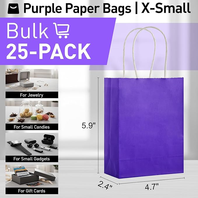 SUNCOLOR 25 Pieces Mini Goodie Bags, 5.9 x 4.7 x 2.4 Inches Small Purple Gift Bags with Handles for Party Favors Birthday Weddings