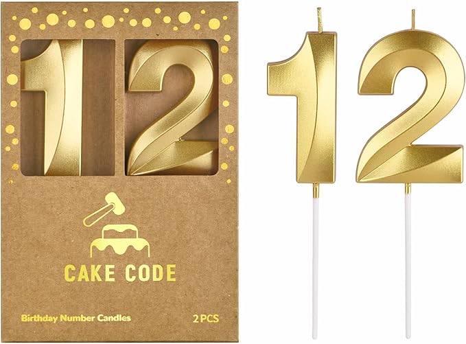 2.76 Inch Diamond Gold 12 Number Birthday Candles, Gold Number Candles, Cake Number Candles, Party Celebration
