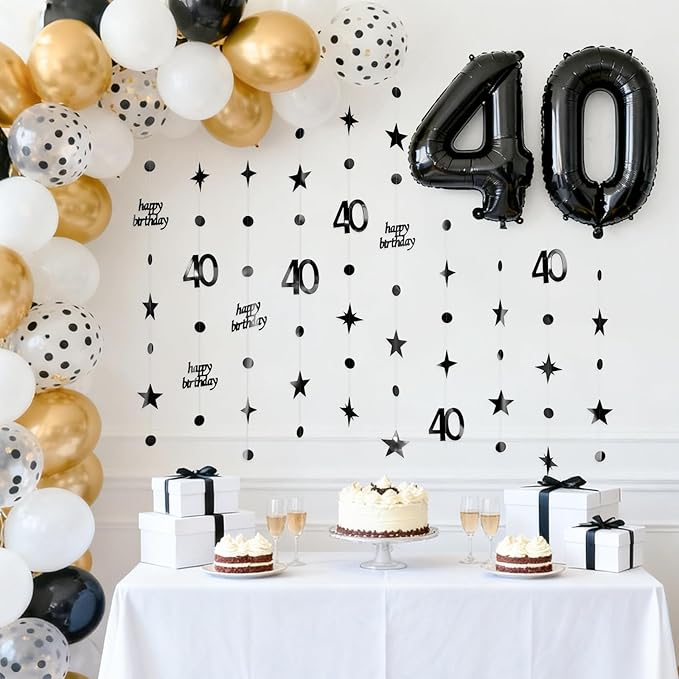 GCQQ Black 40th Birthday Decorations - 14M/46FT Mirror Star Garlands with Happy Birthday Number 40 Hanging Paper Streamer Banner 4 Packs Women Mens Dirty 40 Year Old Backdrop for Him & She