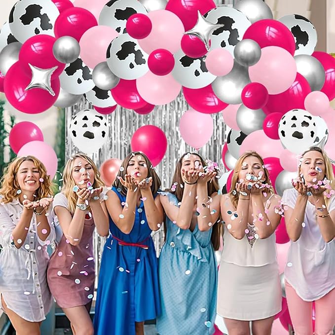 Pink Silver Balloon Garland Arch Kit - Rose Red Hot Pink Silver Balloons Cow Print Balloon for Western Cowgirl Birthday Bridal Shower Wedding Bachelorette Party Decorations