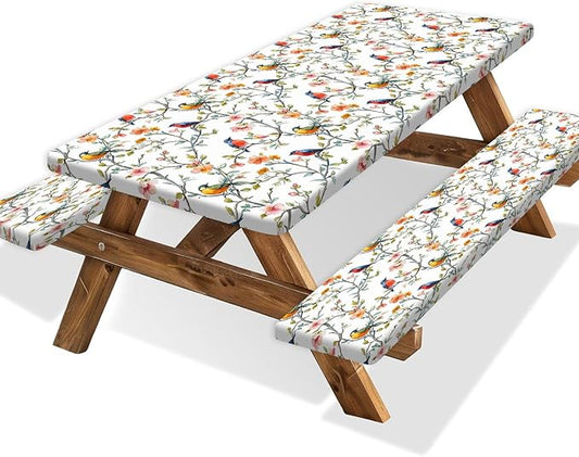 Bird Branch Picnic Table Cover with Bench Covers and Bag, Camping Essentials, Spring Summer Floral Waterproof Windproof, Fitted Tablecloth Cover with Elastic Edge for Outdoor Garden 3 PCS 30x72 Inch