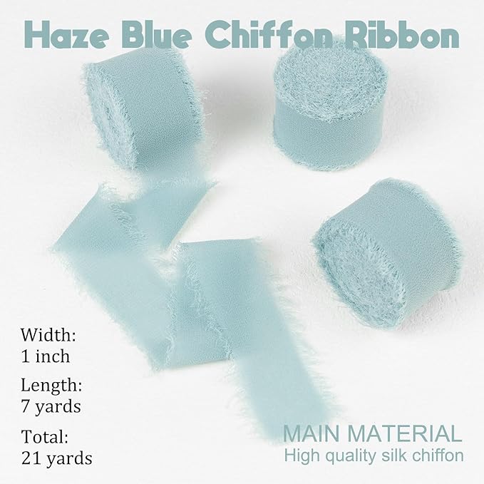 Haze Blue Chiffon Ribbon - 1 Inch x 21 Yards, Handmade Fringe, Silk, Boho Frayed, Gift Wrapping, Wedding Invitation, Bridal Flower Bouquets