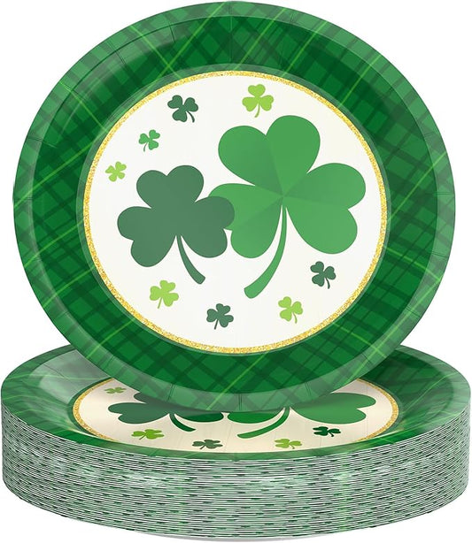 50 Pack St. Patrick’s Day Disposable Paper Plates, Green Shamrock Party Plates for Irish Festival, St. Paddy’s Day Party Supplies, 9 In