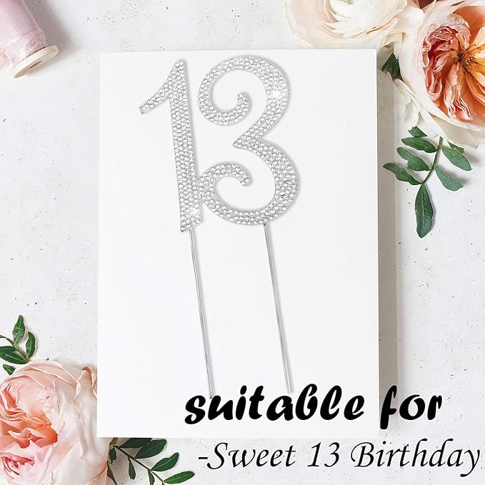 Bling Crystal Rhinestone 13 Birthday Cake Topper - Best Keepsake | 13th Party Decorations Silver