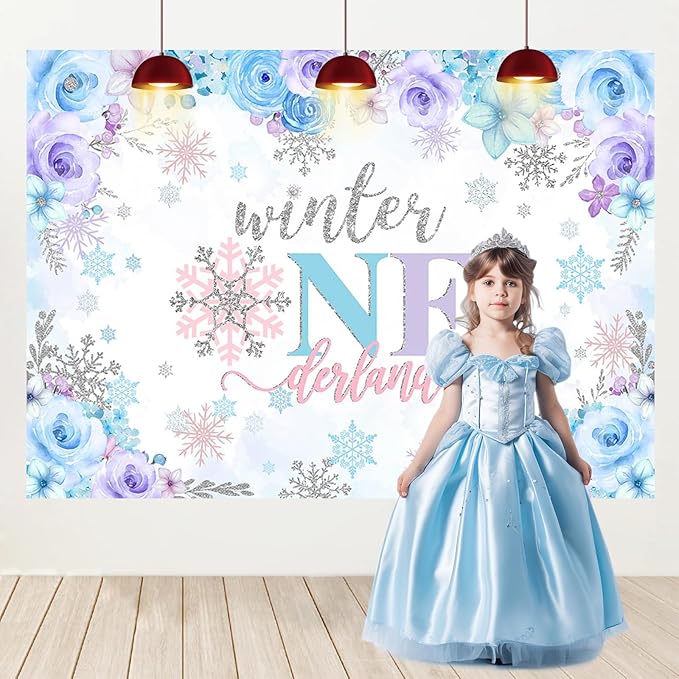 Mocsicka Winter Onederland Backdrop Winter Wonderland Girl Snowflake First Birthday Party Decoration Blue Purple Silver Banner Winter 1st Birthday Banner Photo Booth Props (Purple, 8x6ft(96''x72''))