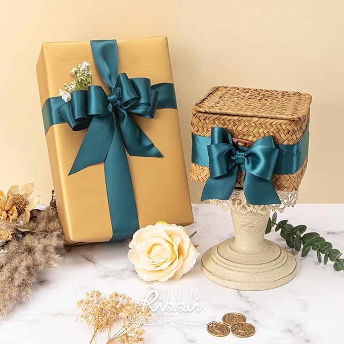 Ribbli Double Faced Teal Ribbon,1-1/2” x Continuous 25 Yards,Use for Bows Bouquet,Gift Wrapping,Floral Arrangement