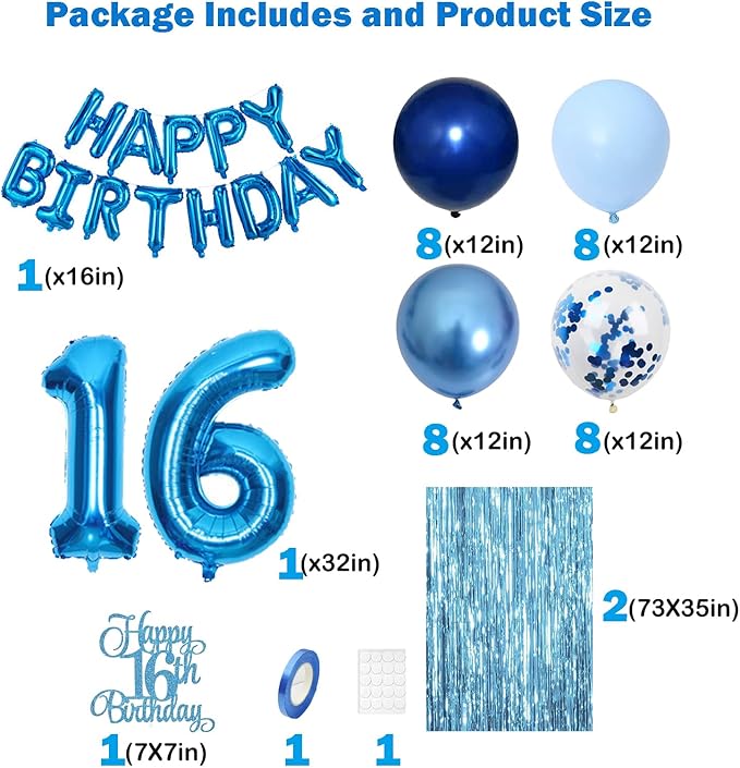16th Birthday Decorations for Boys 16th Birthday Balloons 16 Cake Topper Happy Birthday Banner Blue Streamers Happy 16th Birthday Decorations