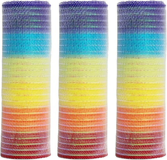 3 Rolls Rainbow Deco Mesh Ribbon for Wreath Making Supplies, 10 Inch x 30FT Metallic Foil Burlap Deco Mesh Fabric for DIY Crafts Christmas Tree Easter Wreath Swags and Decorating
