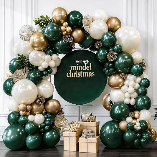 Emerald Green White Gold Balloon Arch Kit, Double Stuffed Dark Green Balloons Hunter Forest Green Chrome Gold Pearl White Sand Ivory Balloons for Wedding Birthday jungle Safari Party Decorations