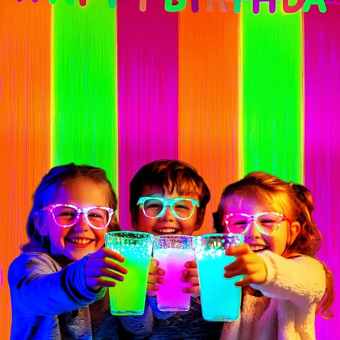 Aduck Glow in The Dark Party Supplies, Neon Party Decorations Foil Fringe Curtains with Tinsel Backdrop(2-Pack), Fluorescent Yellow/Orange/Pink Streamers for Photo Booth Birthday Decorations-6.6x6.6ft