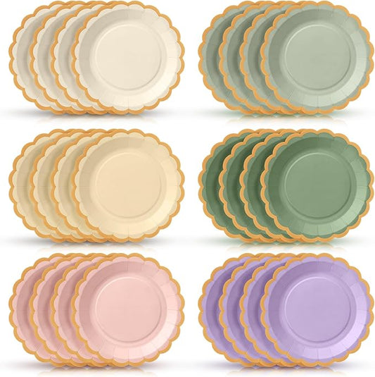 Paper Plates 9 Inch Gradient Scalloped Paper Plates Disposable Dinner Dessert for Birthday Wedding Bridal Party Supplies, 6 Colors (Sage Green and Pink,96)