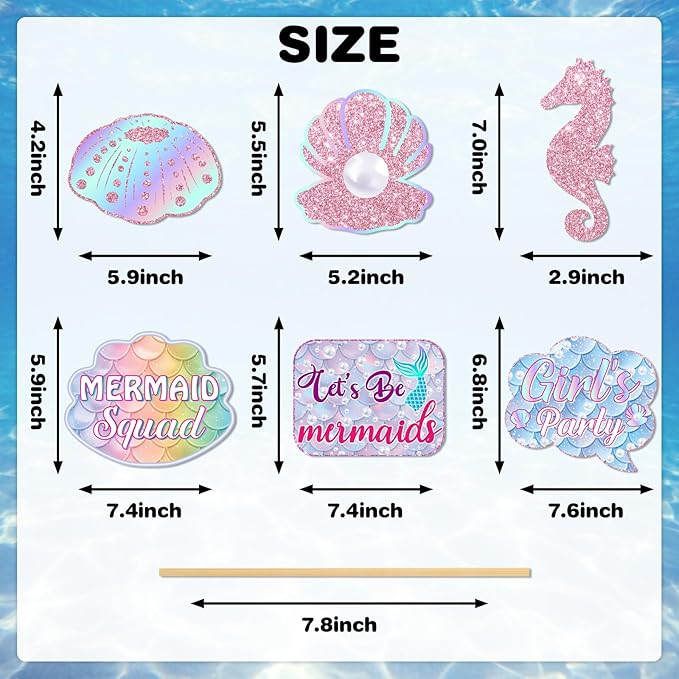 22 Pcs Mermaid Photo Booth Props, Pink Glitter Mermaid Props Kit with Ocean Theme, 5th 10th Birthday Party Favors Decorations Supplies