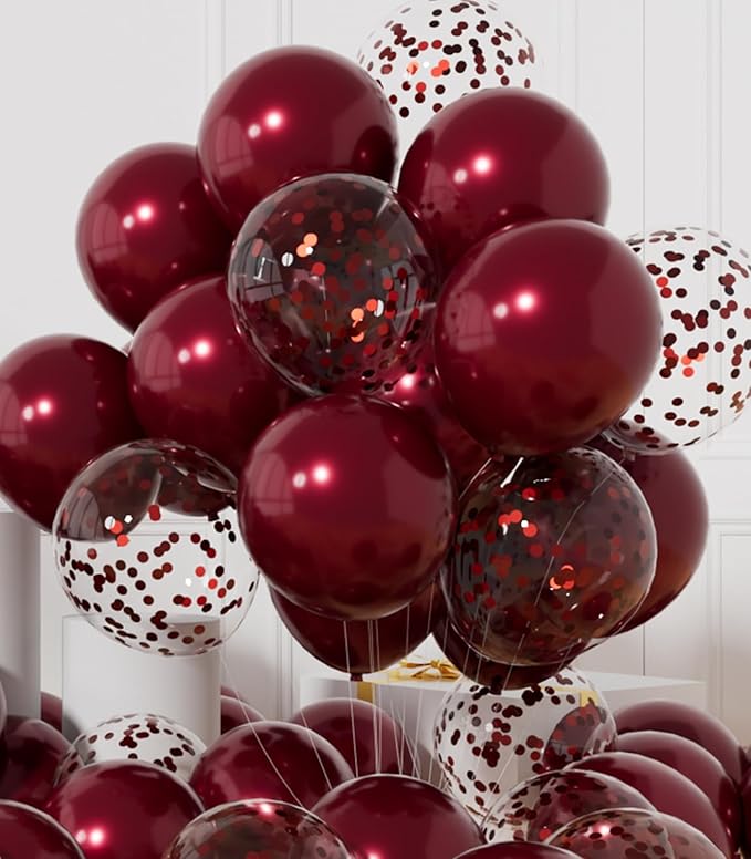 AULE Party Balloons Pack of 42 - Metallic Burgundy Balloons and Confetti Latex Helium Balloons With 64ft Ribbons - 12 Inch Mroon Chrome Balloon Decoration Set