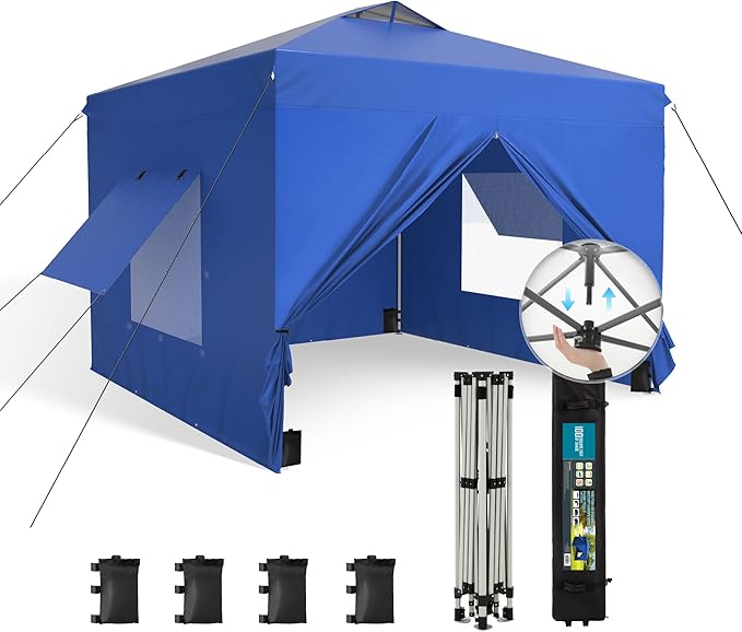 Sophia & William Canopy Tent Pop Up 10x10 ft One Person Push Set Up Canopies with 4 Sidewalls, Outdoor Shelter Heavy Duty Straight Legs with 4 Sandbags & 1 Roller Bag, 8 Stakes & 4 Guy Ropes, UPF50+