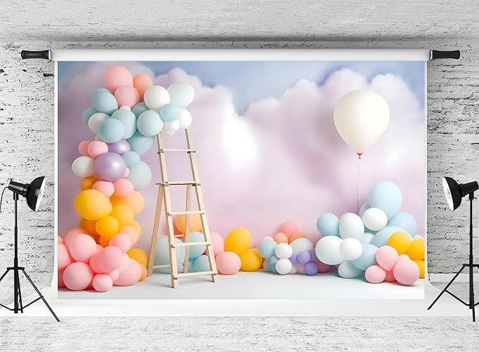 Kate Colorful Balloons Birthday Backdrop for Kids Cake Smash Cloud Home Party Decoration Background Photo Fabric Props (10x6.5ft)