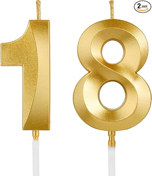 Birthday Candles, 1.96 Inch Number 18 Happy Birthday Candles, Number Candles Decoration for Birthday Party and Anniversary Celebration(Champagne Gold)