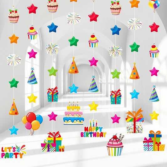 Daifunli 8 Pcs Happy Birthday Party Decorations Let's Party Garland Streamers Colorful Rainbow Birthday Theme Hanging Paper Cutouts Banner for Wall Backdrop Classroom Door Ceiling Decorations Supplies