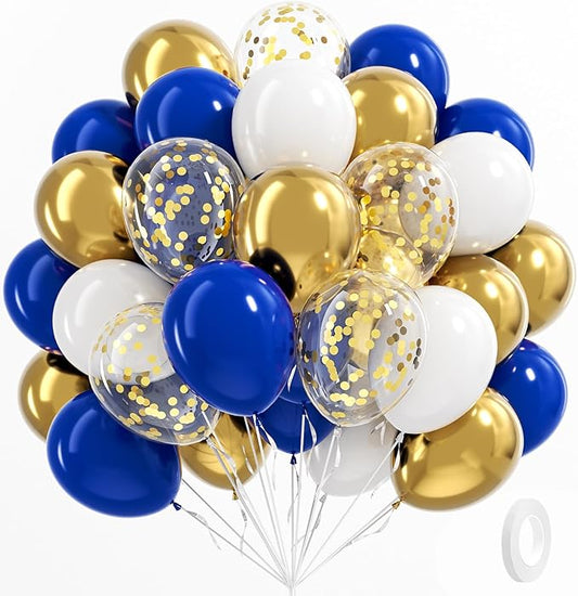BAUANOOY Royal Blue Gold White balloons, 60pcs 12 Inch Navy Blue Metallic Gold Confetti Balloon for Wedding Graduation Baby Shower Birthday Decorations