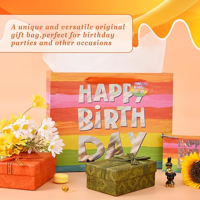Powbrace 13" Colorful Happy Birthday Gift Bags with with Tissue Paper and Greeting Card for Party,Happy Birthday Gift Bag for Men Women,Gift Bags Medium size (1 PCS Colorful)