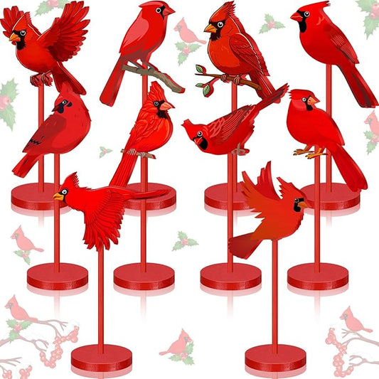 Geelin 10 Pcs Red Cardinal Decor Wooden Red Bird Decor Funeral Memorial Gift Remembrance for Family Friend Cardinal Figurines Ornament Tall Stand Block for Easter Craft Home Table Office Party