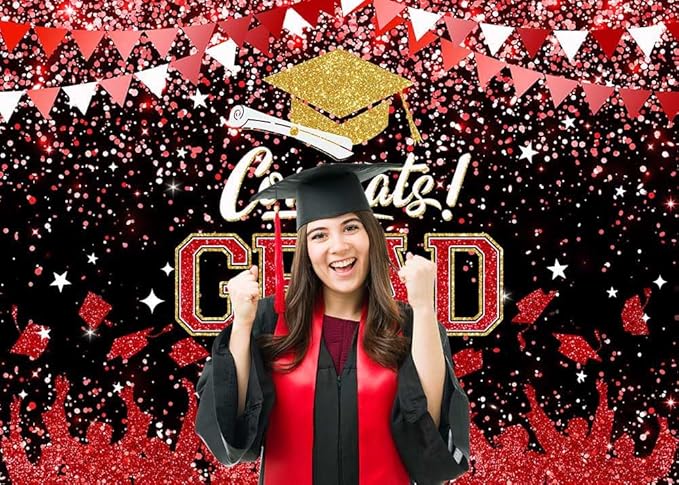 Mocsicka Graduation Party Decorations 2026 Congrats Grad Backdrops for Photography Bachelor Cap Congratulations Grad Photo Backdrop Graduation Prom Party Supplie (Red, 8x6ft(96x72 inch))