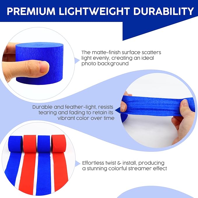 4 Rolls Crepe Paper Red Royal Blue Streamers – Perfect for Streamers Party Decorations, Wedding, Birthday, Colored Decor, and DIY Craft Supplies(1.8 Inch x 82 Ft/Roll)