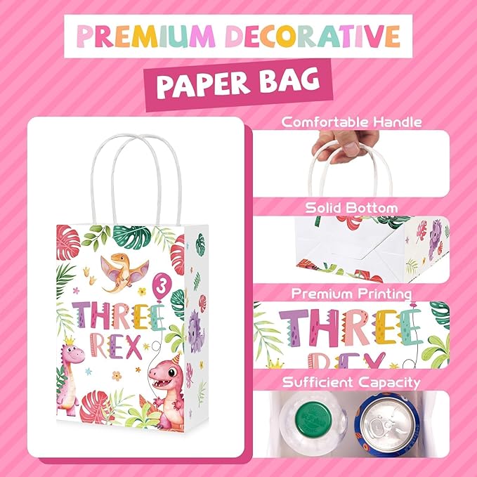 Greencian 16Pcs Pink Dinosaur 3rd Birthday Party Favor Bags 3 Rex Dinosaur Candy Treat Gift Goodie Bags with Handles Three Year Old Birthday Decorations for Girls 3 Year Old Party Favors Supplies