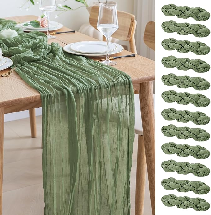 Asee'm 12pcs Cheesecloth Table Runner 120 Inches Sage Green Boho Gauze Cheese Cloth Runner 10FT Rustic Sheer Table Runners for Summer Wedding Baby Shower Holiday Party Decoration