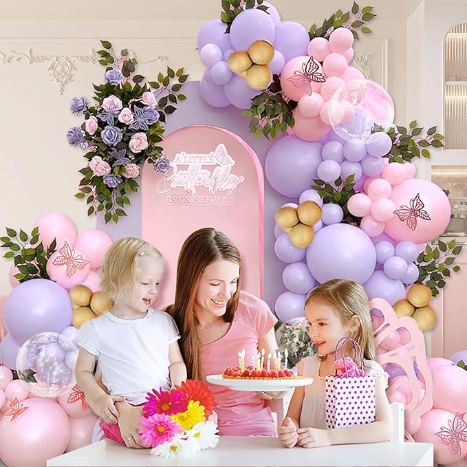 Pink and Purple Balloon Arch Kit, Butterfly Baby Shower Decorations with Pink and Purple Gold Latex Balloons for Purple Bridal Wedding Butterfly Birthday Decorations…