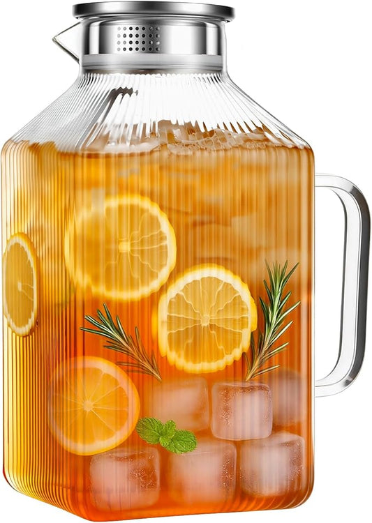 1 Gallon thickened Square Glass Pitcher with Lid, Spout and Handle, Striped Water Pitcher for Fridge, Borosilicate Glass Carafe for Cold Water & Hot Brew, Large Jug for Iced Tea, Coffee, Juice