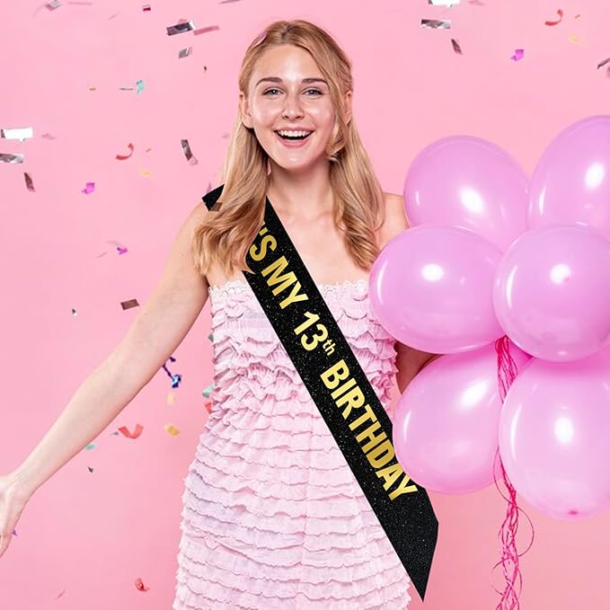 It's My 13th Birthday Sash for Boys Girls, Black Glitter Sash with Gold Foil