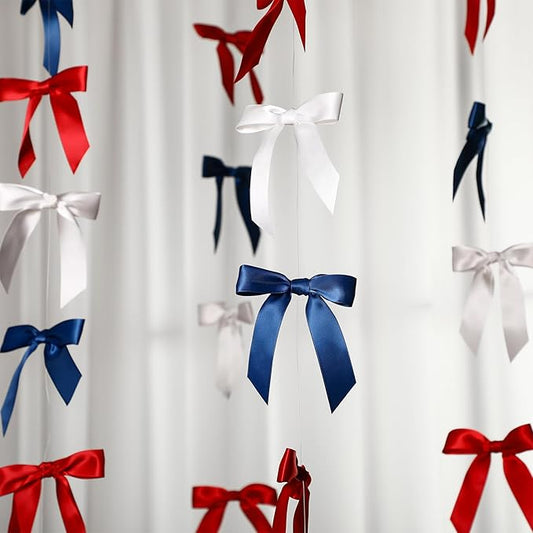 Taobary 8 Pcs 6.6 ft Bow Garland, Satin Ribbon Bow Banner Coquette Hanging Ornament for Photo Backdrop Birthday Party Wedding Bridal Baby Shower Wall Decorations(Red, Blue and White,1 Inch)