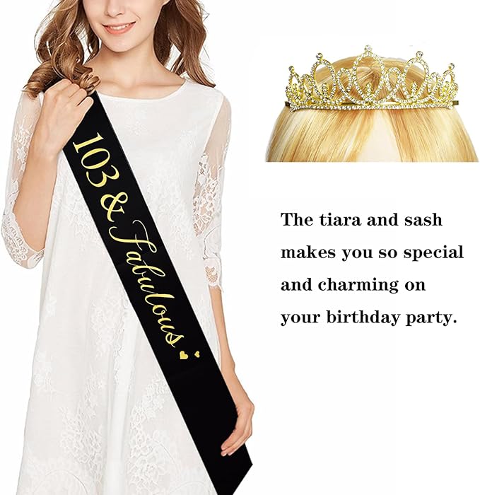 Mayin Happy 103rd Birthday Tiara and Sash Gifts Crystal Rhinestone Princess Crown Birthday Women Party Favor Supplies Gold Crowns Black Sash