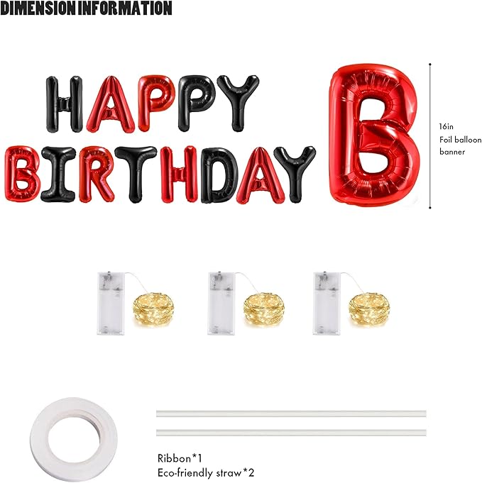 CANREVEL Happy Birthday Banner 13pcs 16 Inch Mylar Foil Letters Sign Balloons with LED Lights Birthday Party Decorations for Kids and Adults - 3D Black Red