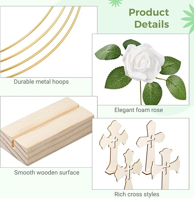 48 Pcs Baptism Centerpieces for Tables - Baptism Table Decorations - 12 Wood Crosses, 12 Metal Floral Hoops with Stands, and 24 Foam Roses - Garland Strands Kit for Baptism Party, Wedding Decor