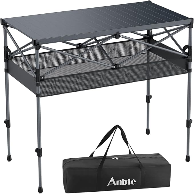 Anbte 34.2” Tall Camping Table Foldable, 2 Adjustable Height Large Roll Up Camping Table Support 264lbs with Storage Basket and Bag, Waterproof, for Travel BBQ Outdoor Patio, 39.4” x 19.7”, Black