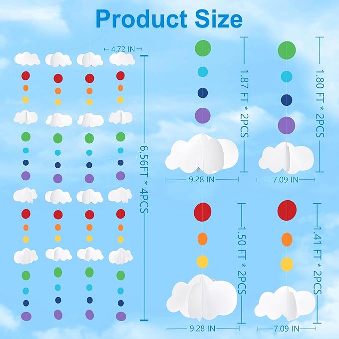 3D Cloud Decorations Rainbow Circle Dots Clouds Hanging Colorful Garland Streamer Cutout for Birthday Baby Shower Wedding Carnival Party Supplies Nursery Kids Room Classroom Ceiling Wall Art Decor