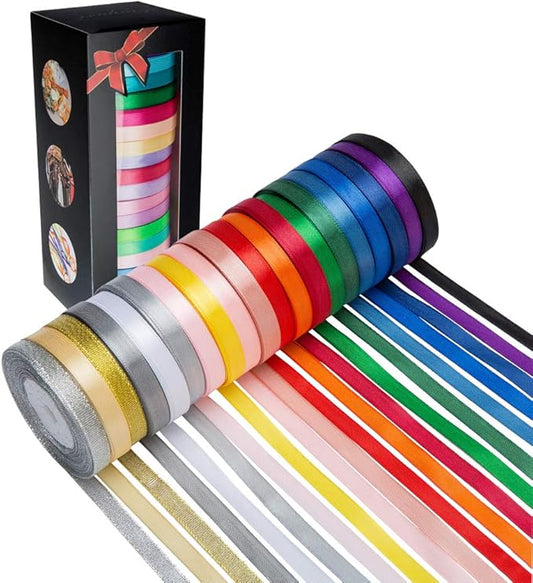 LIUYAXI Satin Ribbon 20 Colors 300 Yard -18 Silk Ribbon Rolls & 2 Glitter Metallic Ribbon Rolls, 2/5" Wide 15 Yard/Roll, Decorative Ribbons for Gift Wrapping Bows Wedding Christmas