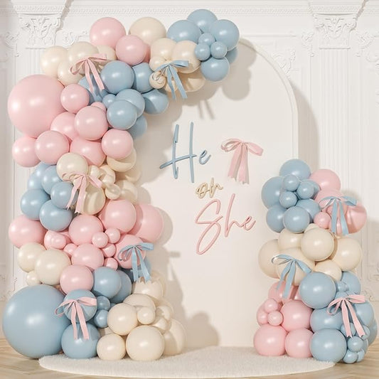 Gender Reveal Balloon Arch Kit, 141Pcs Pink Blue Sand White Balloons with Bows for Boy or Girl Gender Reveal Decorations Baby Shower Boho Bachelorette Birthday Party Supplies