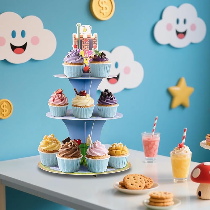 Foneso Cupcake Stand, Large 3-Tier Party Cupcake Holder Tray Dessert Tower for Kids Birthday Party Game Themed Party Favors Supplies Decoration