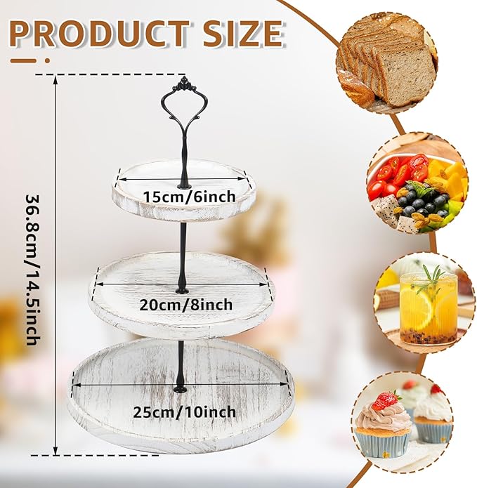 Wooden Cupcake Stand 3 Tiers, Rustic, 50 Cupcakes, Round Tiered Dessert Display, Wedding/Birthday Party, White