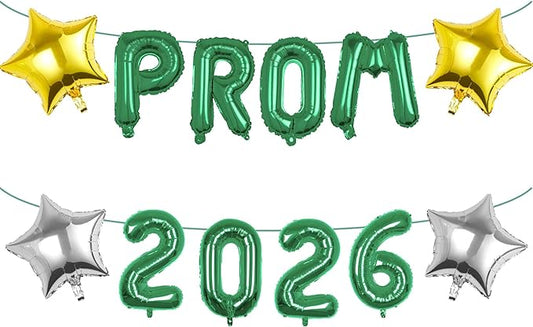 Prom 2025 Balloons with Star Hanging Foil Balloons Letter for High School College Grad Graduation Retirement Party Decorations Green