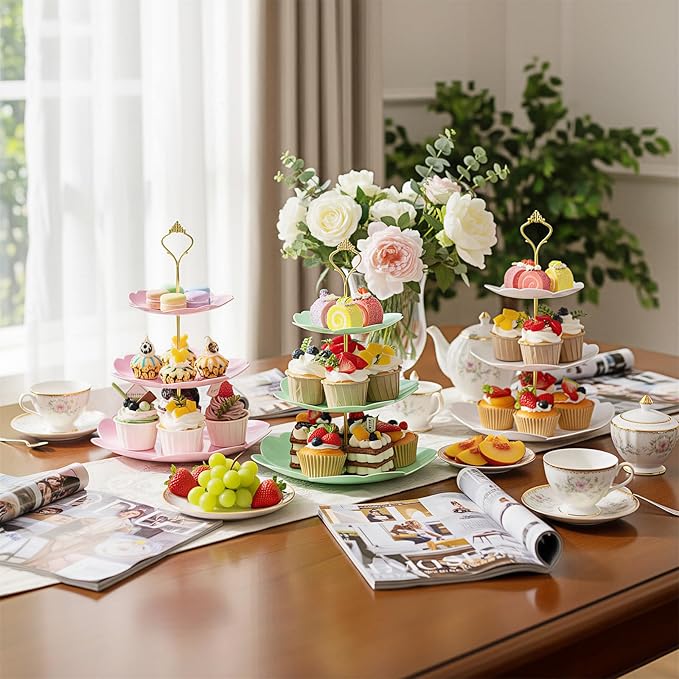 3 Sets Tea Party Decorations of 3 Tier Wedding Plastic Dessert Table Display Set Cupcake Stand Dessert Plates Cake Candy Display Tower Wedding Birthday Baby Shower Tea Party Decoration