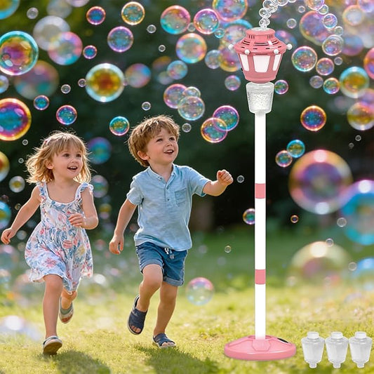 Bubble Machine for Kids Outdoor, 40" Adjustable Height Automatic Bubble Blower with Light & Rechargeable Battery, Bubble Maker Toy for Toddlers Party Birthday (Includes 3 Solution), Pink